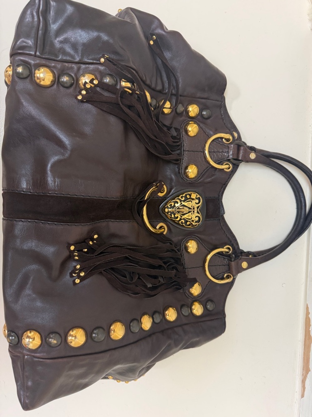 Gucci Dark Brown Leather Shoulder Bag with Gold-Tone Studs